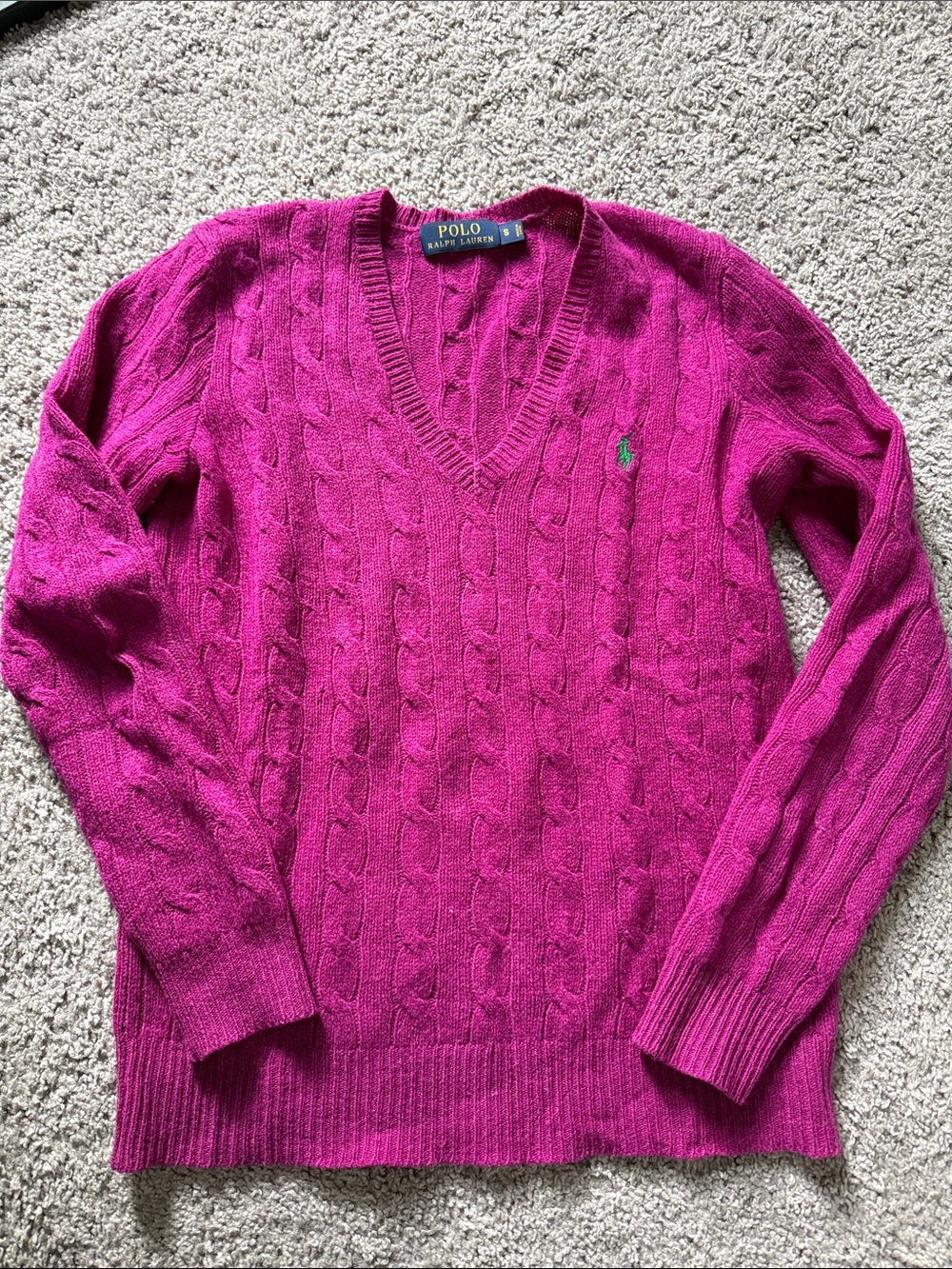 Ralph Lauren Fuchsia Cable Knit V-Neck Sweater